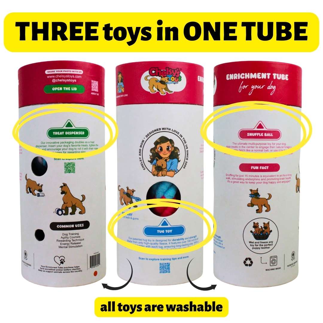 3-in-1 Bundle Enrichment Tube for Dogs - Tug Toy, Treat Dispenser & Snuffle Ball